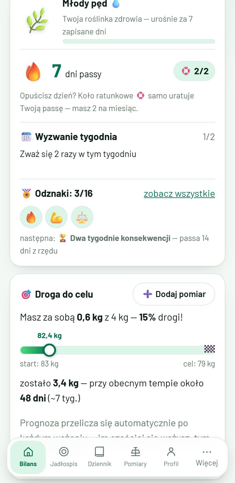 Motywacja: roślinka zdrowia, passa, odznaki i wyzwanie tygodnia