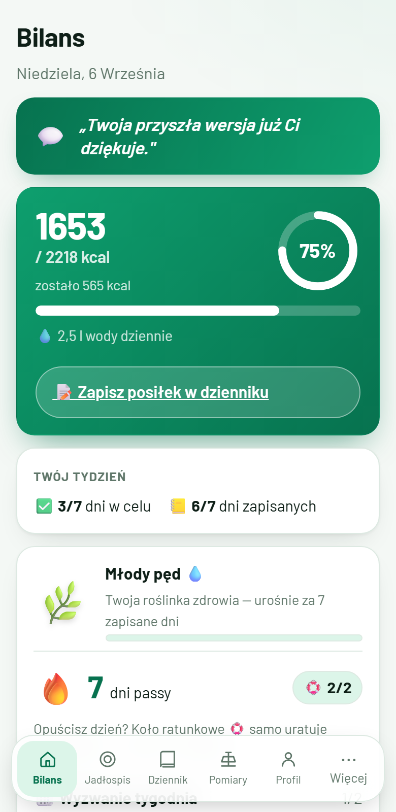 Ekran Bilans: kalorie dnia, roślinka zdrowia i passa