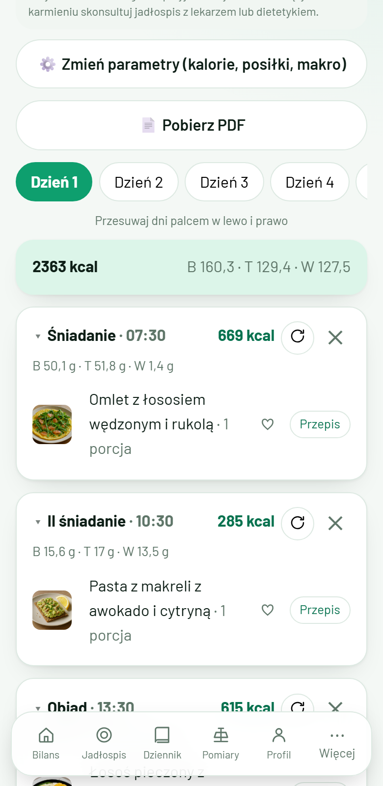 Jadłospis z posiłkami, zdjęciami dań i przepisami